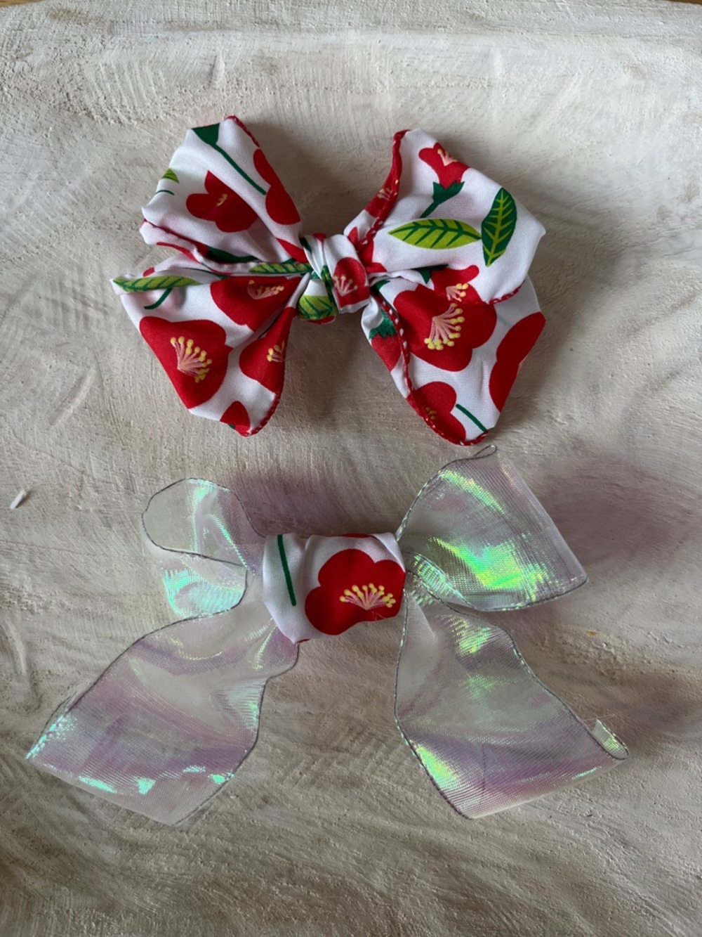 Handmade Floral Red Bow Hair Clips for Kids - Set of 2